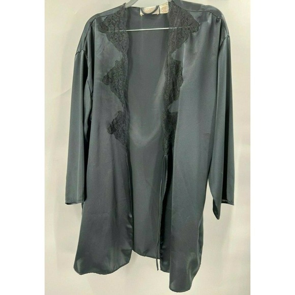 Victoria's Secret Vintage Gold Label O/S One Size Black Satin Lace Kimono Robe - Picture 1 of 6